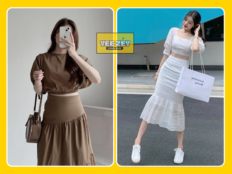 Áo croptop phối với chân váy dài