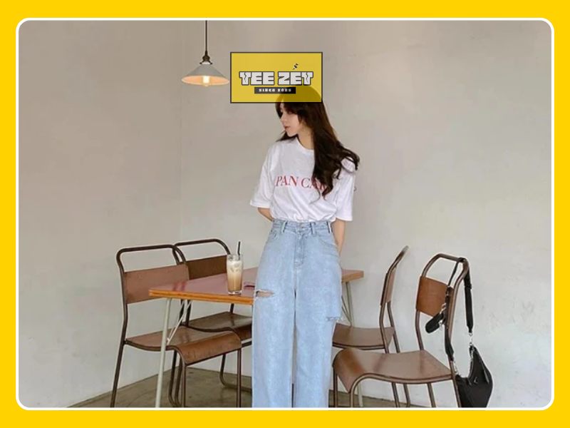 Mix áo thun trắng với quần ống rộng