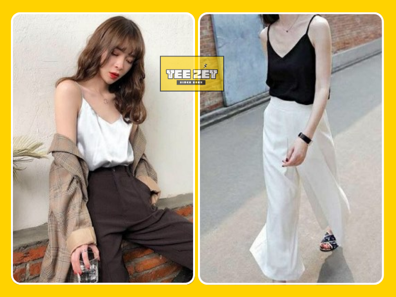 Phối quần ống rộng với áo hai dây